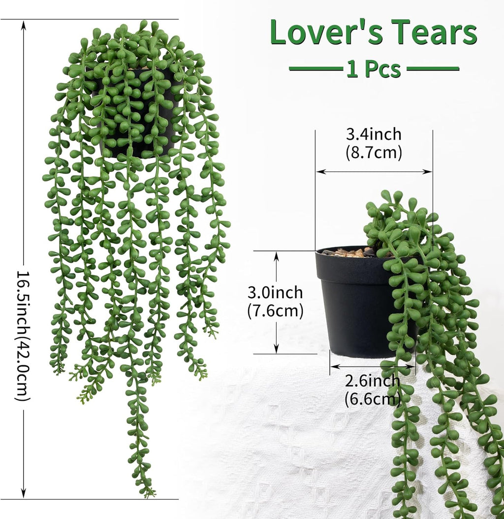 LOYWREE Fake Plants Indoor Artificial String of Pearls Plant in Black Pots, Realistic Green Faux Succulent Hanging Plants for Shelf Decor Desk Home Garden Decorations
