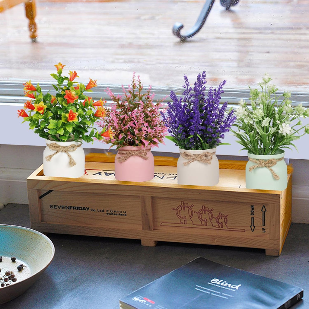 4pcs Artificial Pot Flowers Small Fake Plants with Pot Mini Potted Plants for House Office Tabletop Decoration