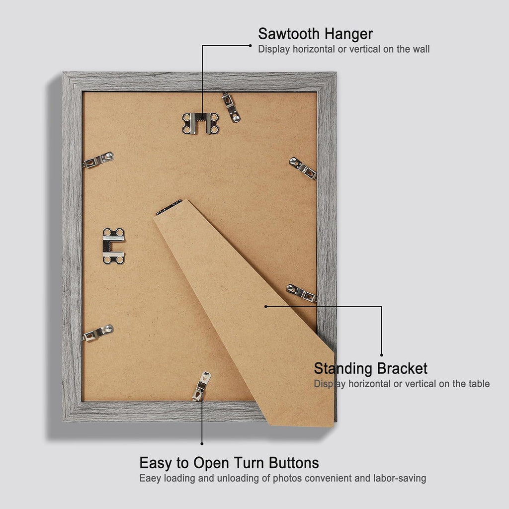 9x12 Picture Frame Set of 4, Made of Glass and Grey Wooden Frame - Display Picture 6x8 with Mat or 9 x 12 Without Mat, 9 by 12 Photo for Wall or Tabletop