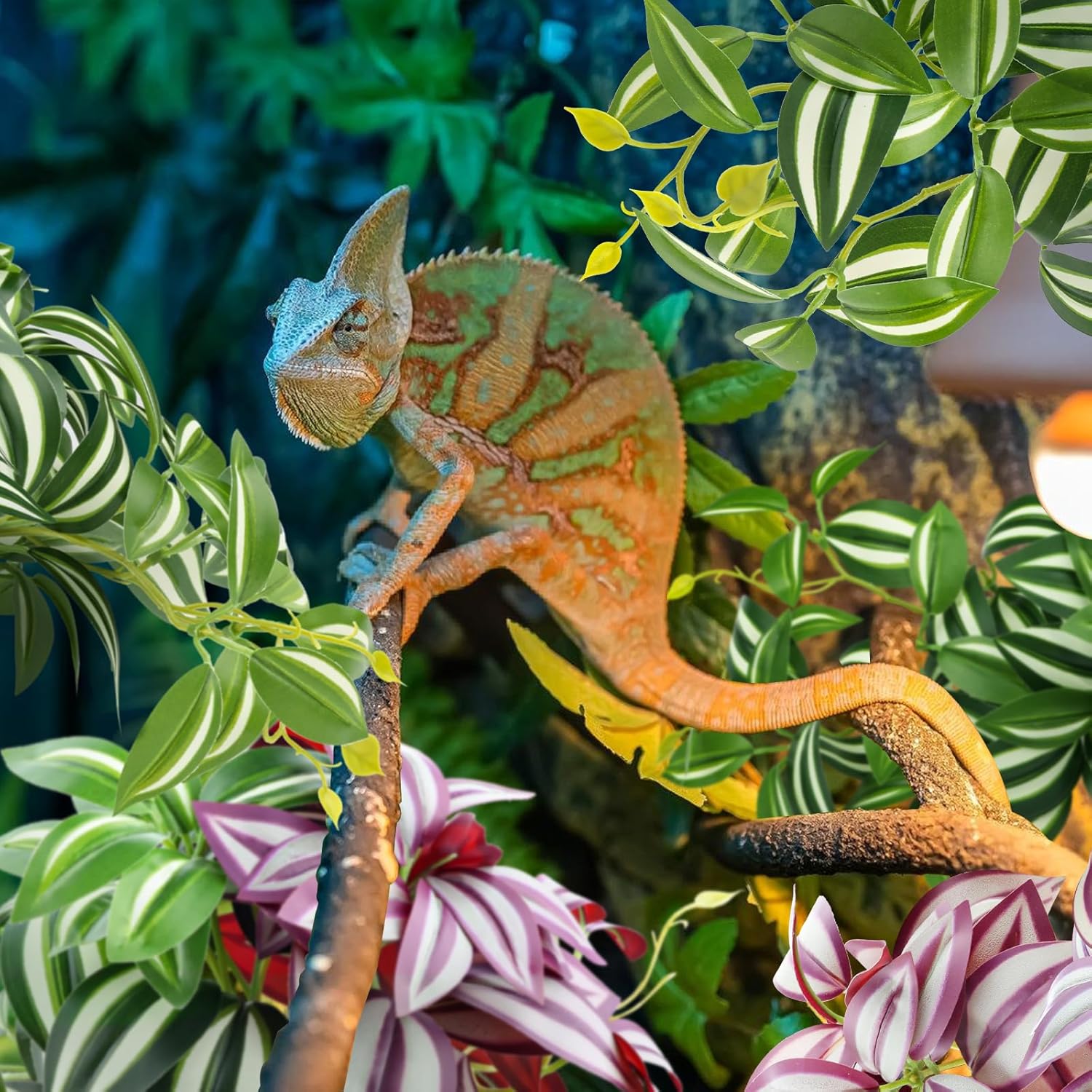 2 Pack Reptile Plants, Artificial Hanging Plants with Suction Cups, Habitat Decor Plastic Vines Decorations for Bearded Dragons Lizards Snake Geckos Frogs -Purple and Green