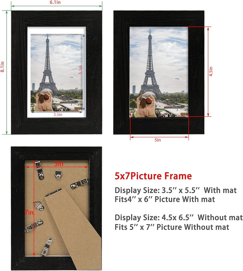 5x7 Picture Frame Set of 4, Made of Real Glass and Rustic Black Wooden Frame, 5 by 7 Photo for Wall or Tabletop - Display Picture 4x6 with Mat or 5x7 Without Mat