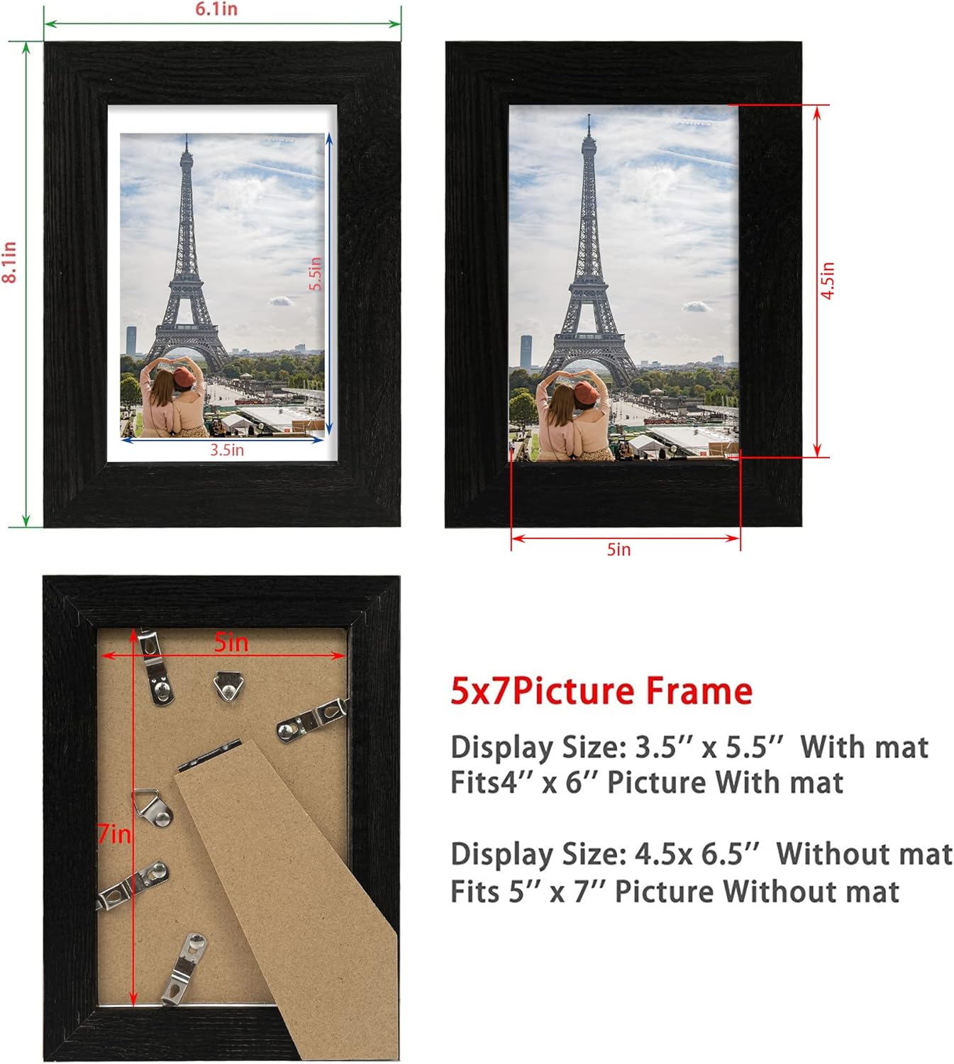 5x7 Picture Frame Set of 4, Made of Real Glass and Rustic Black Wooden Frame, 5 by 7 Photo for Wall or Tabletop - Display Picture 4x6 with Mat or 5x7 Without Mat