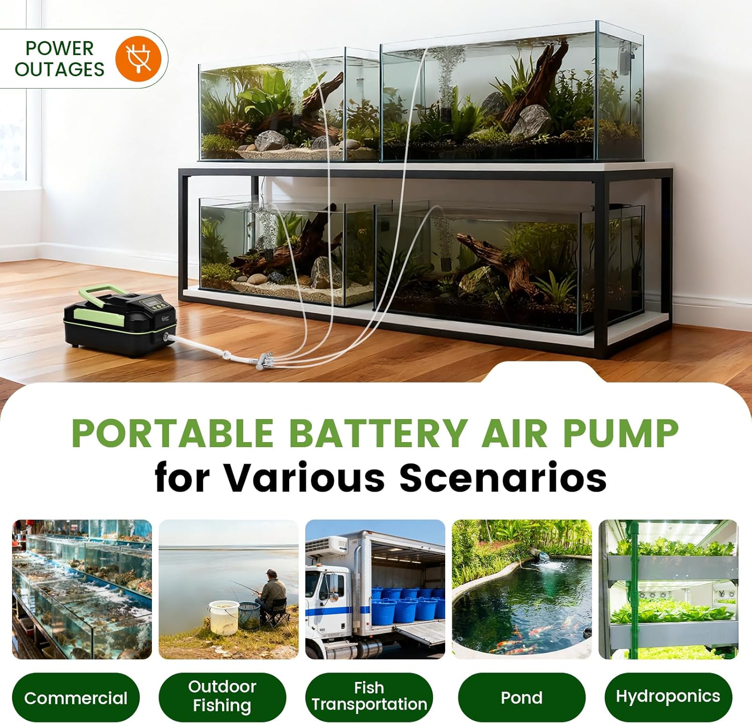 hygger Powerful Rechargeable Aquarium Air Pump, Adjustable Battery-Powered Oxygen Aerator for Fish Tank Emergency, Commercial Use, Live Well, Koi Pond & Power Outages