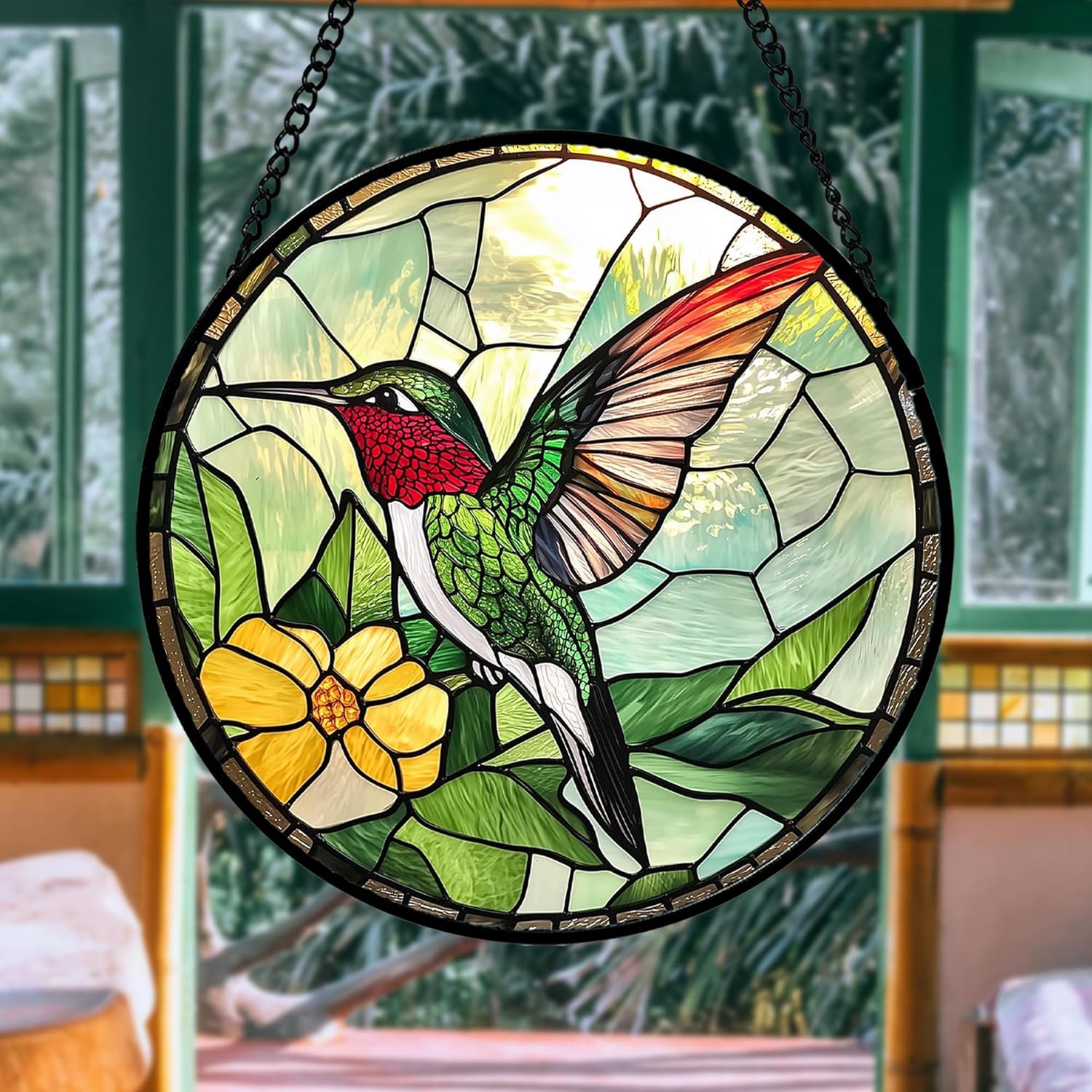 Stained Glass Window Hanging, Green Hummingbird Sun Catcher for Door Home Decor, Birds Suncatcher Christmas Mother's Day Birthday Gifts for Bird Lovers Women Men Mom and Nana 7.8 in