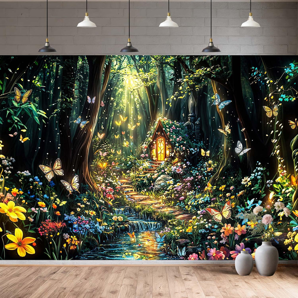 Fantasy Forest Path Backdrop Beautiful Wonderland Rainforest Floral Garden Butterfly Plant Photography Background Magic Garden Woodland Party Decorations Photo Shoot Booth Props 8X6