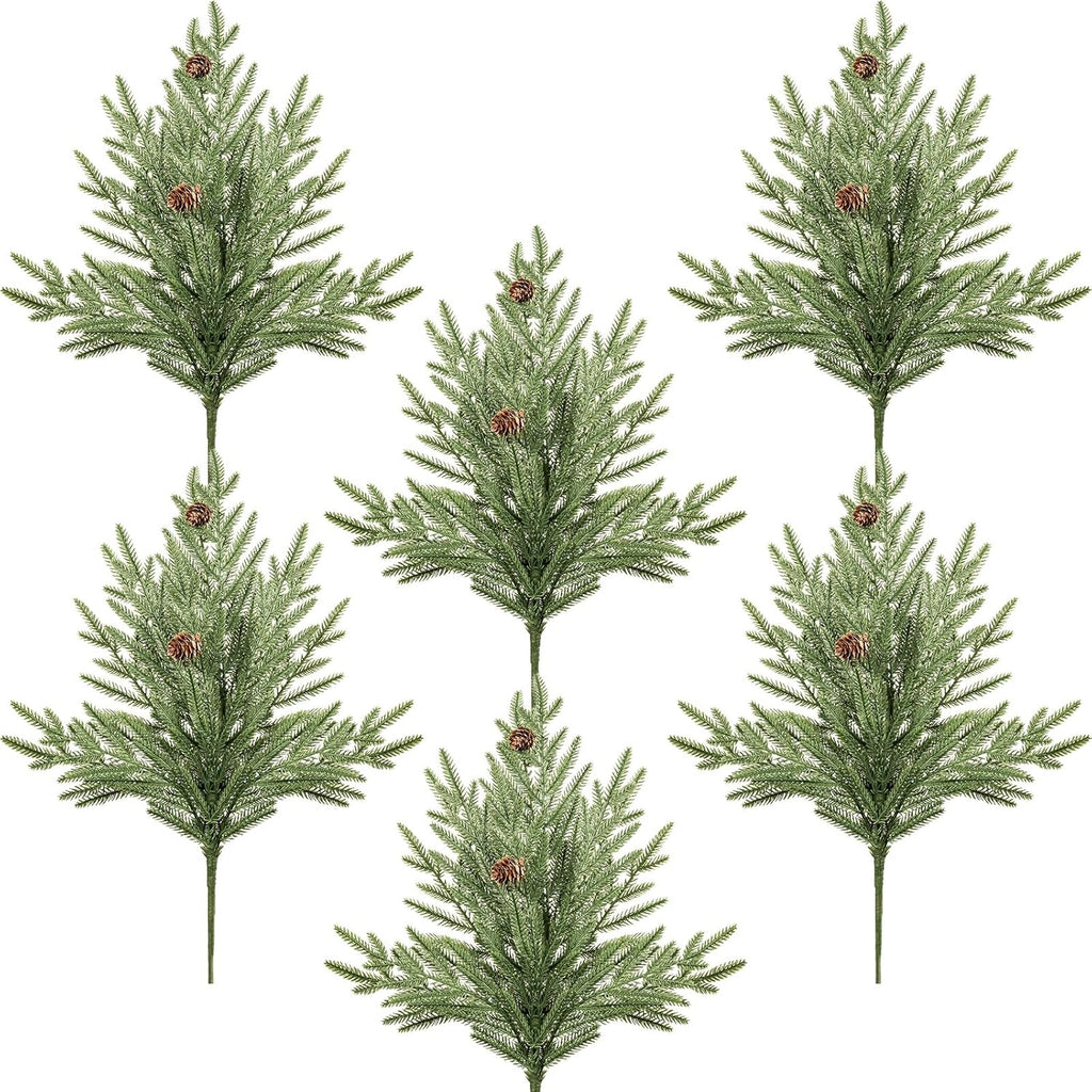 DN DECONATION Artificial Christmas Norfolk Pine Stems, Faux Pine Branches with Cones 22.4" 6PCS - Real Touch PE Greenery Fake Pine Needles for Vase Arrangements, Winter, Indoor Outdoor Home Decor