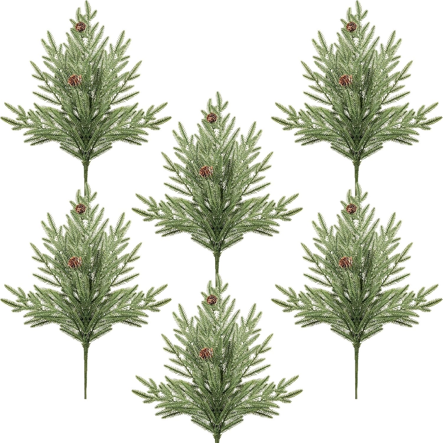 DN DECONATION Artificial Christmas Norfolk Pine Stems, Faux Pine Branches with Cones 22.4" 6PCS - Real Touch PE Greenery Fake Pine Needles for Vase Arrangements, Winter, Indoor Outdoor Home Decor