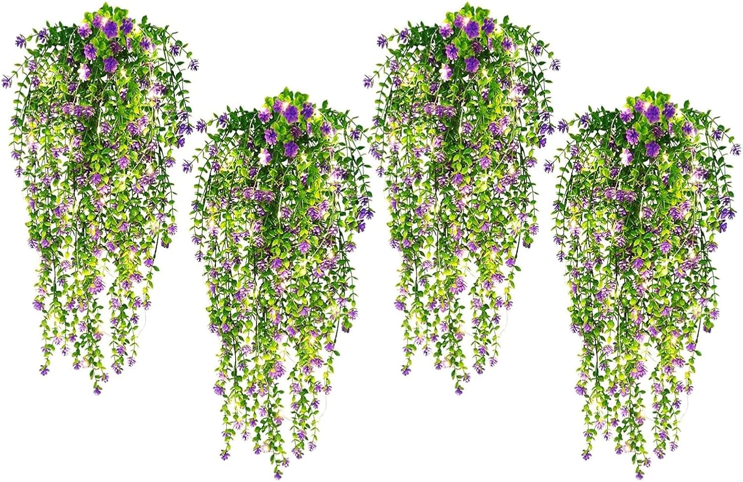 SJL Hanging Greenery 4pcs Realistic Artificial Hanging Plants with Lights Indoor Faux Ivy Plastic Flowers Green Leaves Fake Plants Eucalyptus for Bedroom Party Porch Decor (Purple)