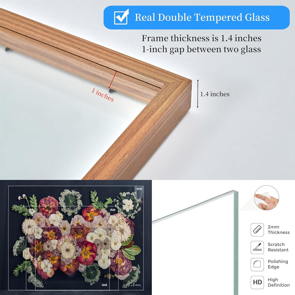 Floating Frames 16x20 Walnut Shadow Box Frame For Pressed Flower Floater Double Glass Pressed Flower Floating Frame 20x24 Bouquet Frames For Wedding Memory