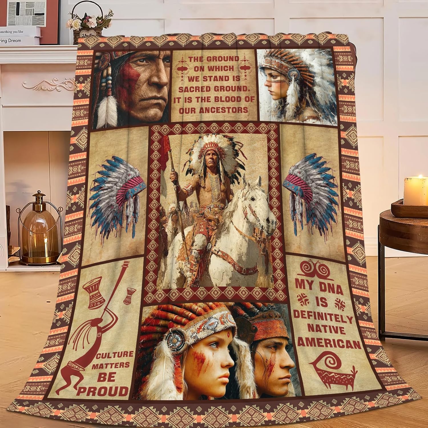 Native American Throw Blanket Indian Southwest Native American Cacique Stuff Gifts for Adults Women Men Soft Cozy Warm Plush Fluffy Fuzzy Fleece Blanket Decor 50''X60''