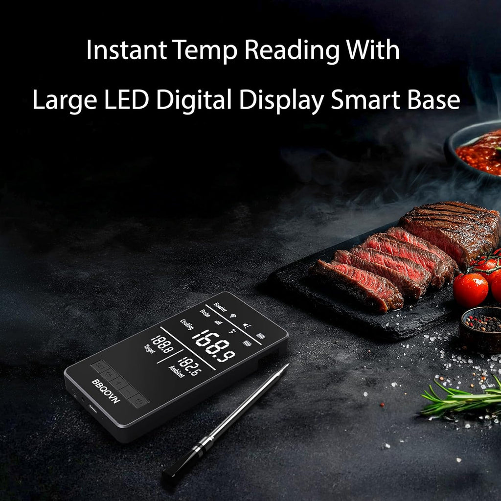 Smart WiFi Wireless Meat Thermometer Unlimited Range 7 NIST Cert.Sensors Accuracy ±0.5°F Sub-1G (10X Stronger Than Bluetooth) APP&Digital Base,Monitor for BBQ, Grill,Oven, Smoker(1, Black, Small)