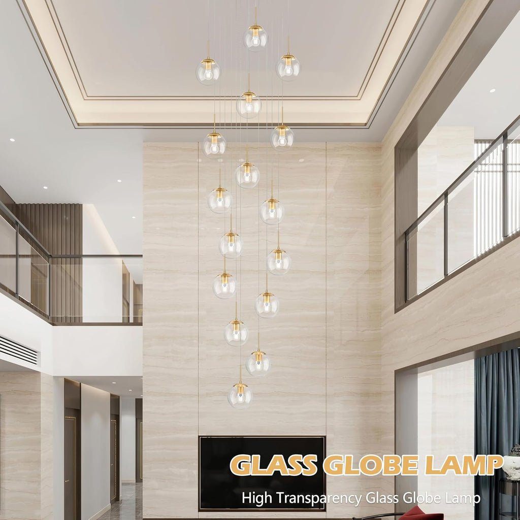 KoKo&Yukina 16-Light Gold Mid Century Modern Chandelier for Living Room Staircase Chandelier for Entryway Clear Globe Glass Chandelier High Ceiling Chandeliers Foyer Entryway (Bulb & Remote Incl.)