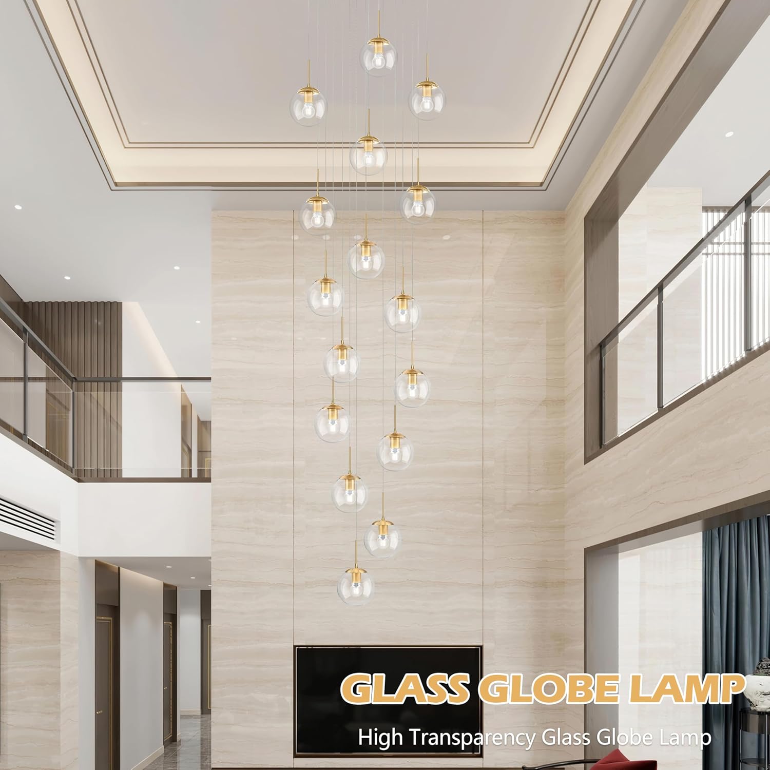 KoKo&Yukina 16-Light Gold Mid Century Modern Chandelier for Living Room Staircase Chandelier for Entryway Clear Globe Glass Chandelier High Ceiling Chandeliers Foyer Entryway (Bulb & Remote Incl.)