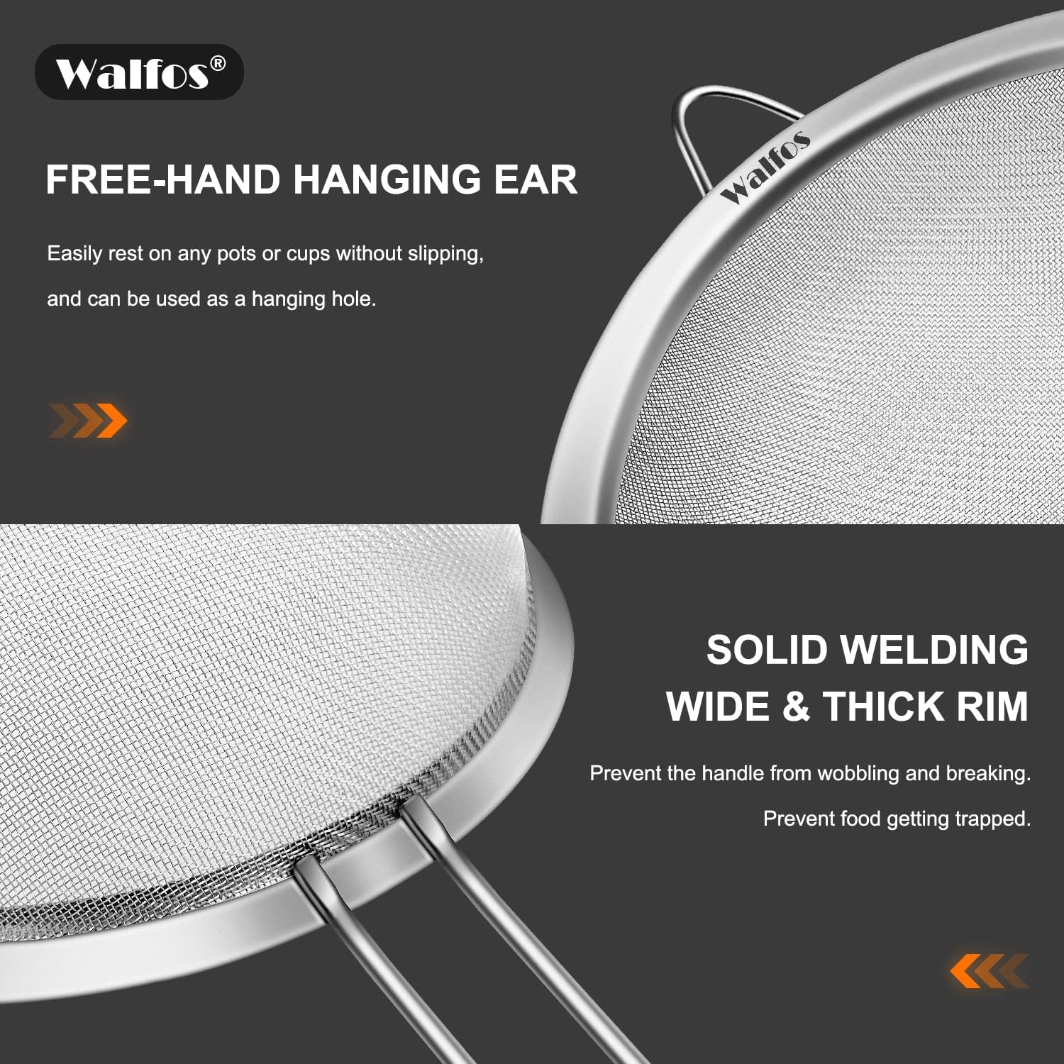 Walfos 6.95 Inch Fine Mesh Strainers, Premium Stainless Steel Colanders and Sifters, with Reinforced Frame and Sturdy Handle, Perfect for Sift, Strain, Drain and Rinse Vegetables, Pastas and Tea
