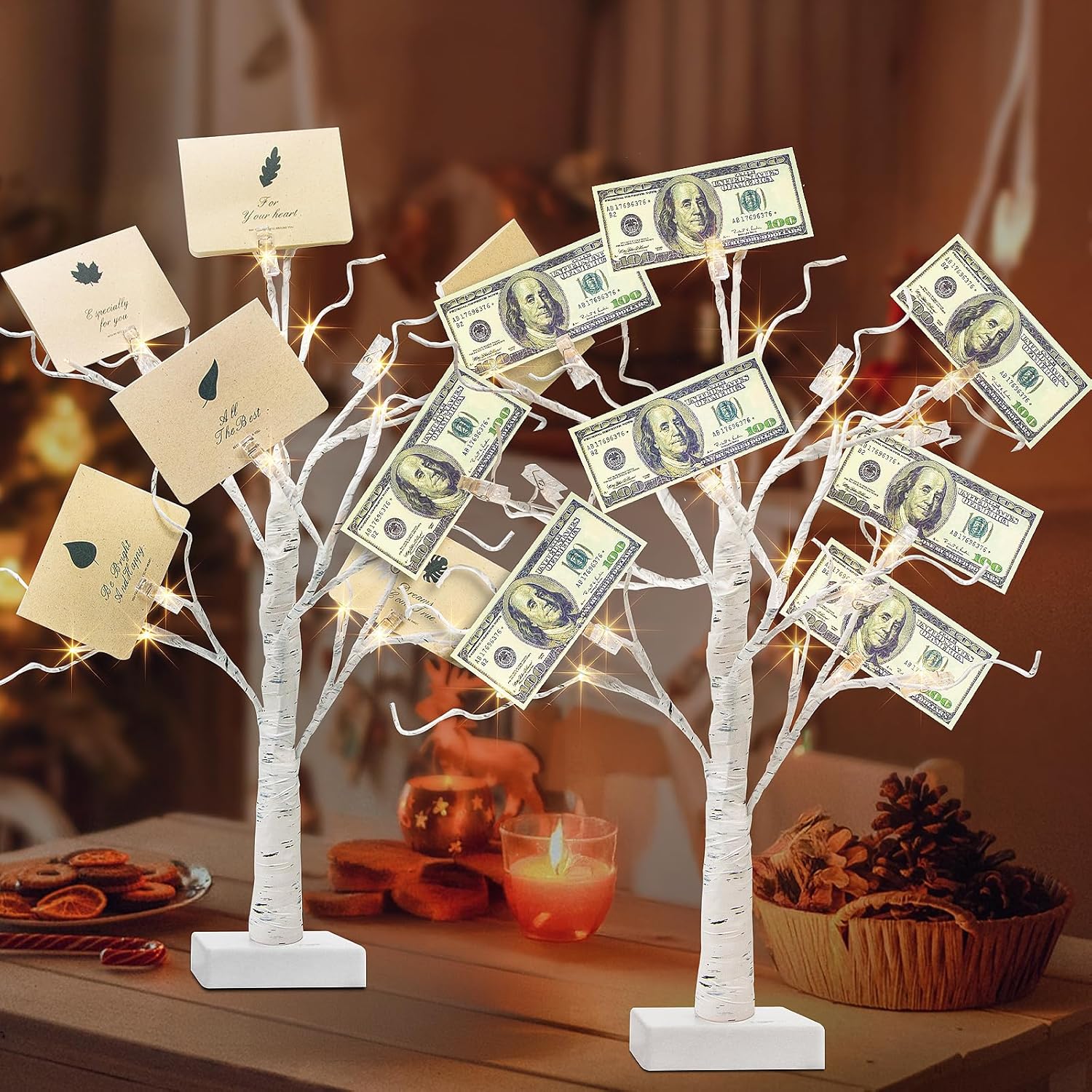 PEIDUO Set of 2 Money Trees, Lighted 22Inch 24LT White Birth Tree with Clips and Greeting Cards, Gift Card Holder for Birthday,Christmas, Wedding, Father's Day Graduation Gifts, Money Tree Gift Holder