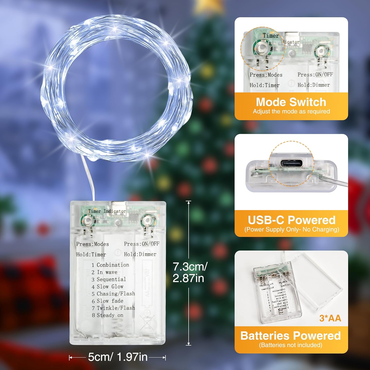 6 Pack 16FT 50 LED Fairy Lights Battery Operated with Timer, 8 Modes USB Mini Twinkle Light, Small String Lights for Christmas Tree Wreath Vase Bedroom DIY Wedding Decorations-Cold White
