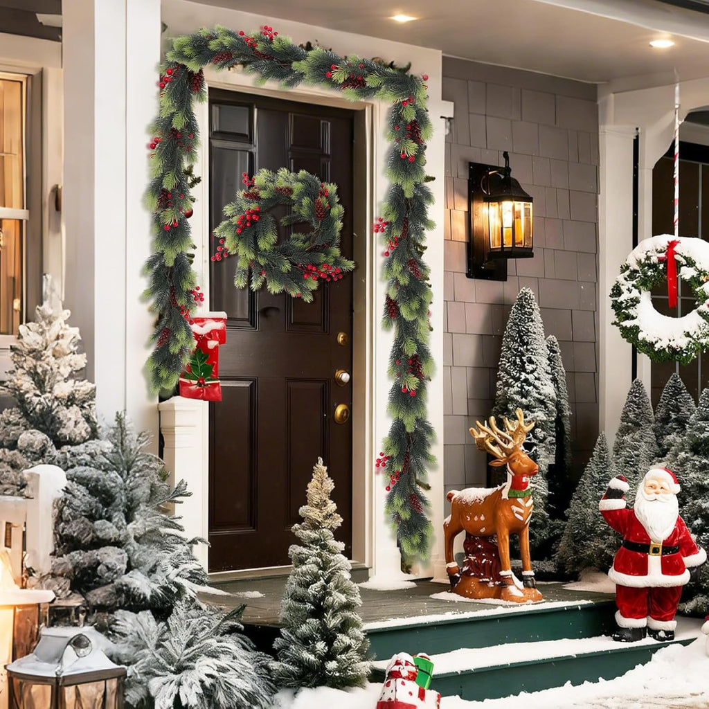 SJL Pine Garland Realistic Christmas Garland with Red Berries Holly Berry Garlands Faux Pine Branches Artificial Cedar Cypress Garlands for Mantle Stairs Table Fireplace Xmas Decorations(Light Green)