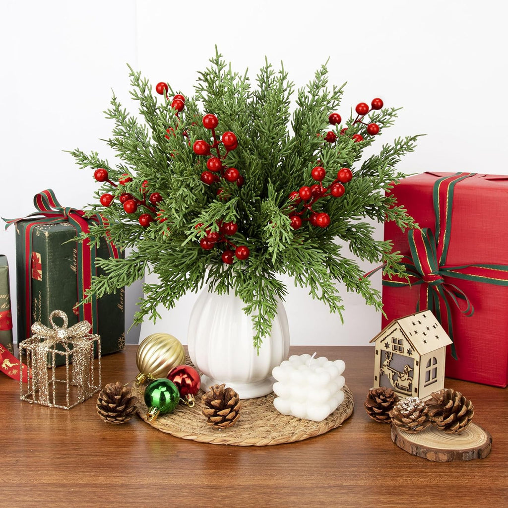 Ouddy Decor 80 Pcs Christmas Artificial Pine Branches, 12" Faux Norfolk Pine Cypress Leaves with Red Berry Stems for Christmas Tree Wreath Garland DIY Craft Table Vase Decor