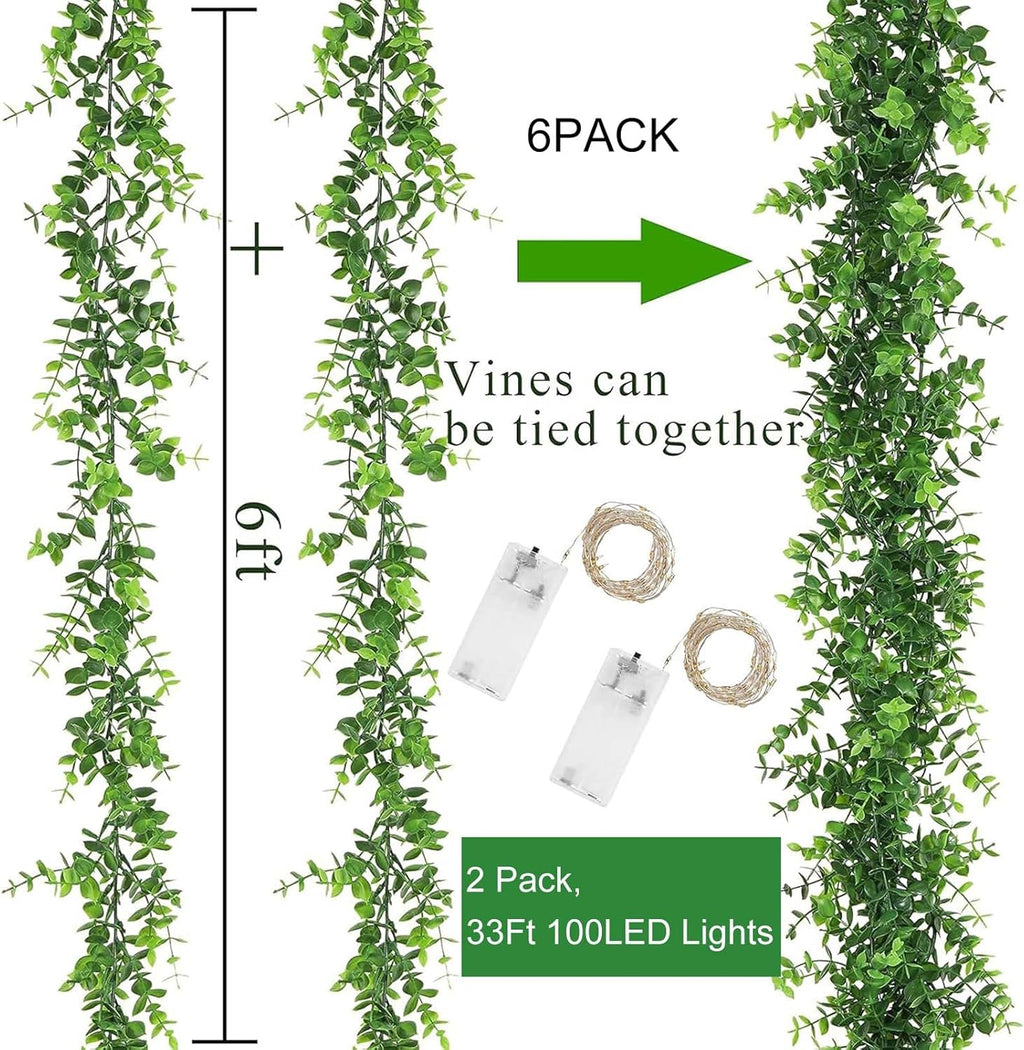 Artflower 6 Pack Artificial Eucalyptus Garland with Lights, 5.9Ft/pcs Faux Eucalyptus Vines Greenery Garland Fake Plant for Wedding Backdrop Arch Wall Decor, Grey Green