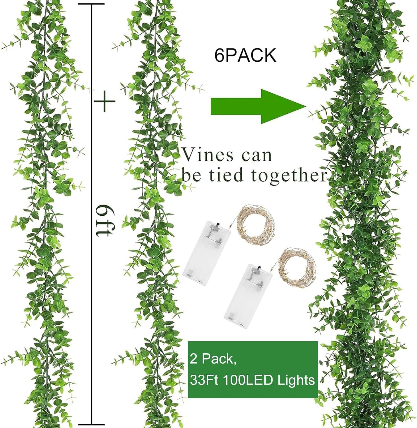 Artflower 6 Pack Artificial Eucalyptus Garland with Lights, 5.9Ft/pcs Faux Eucalyptus Vines Greenery Garland Fake Plant for Wedding Backdrop Arch Wall Decor, Grey Green