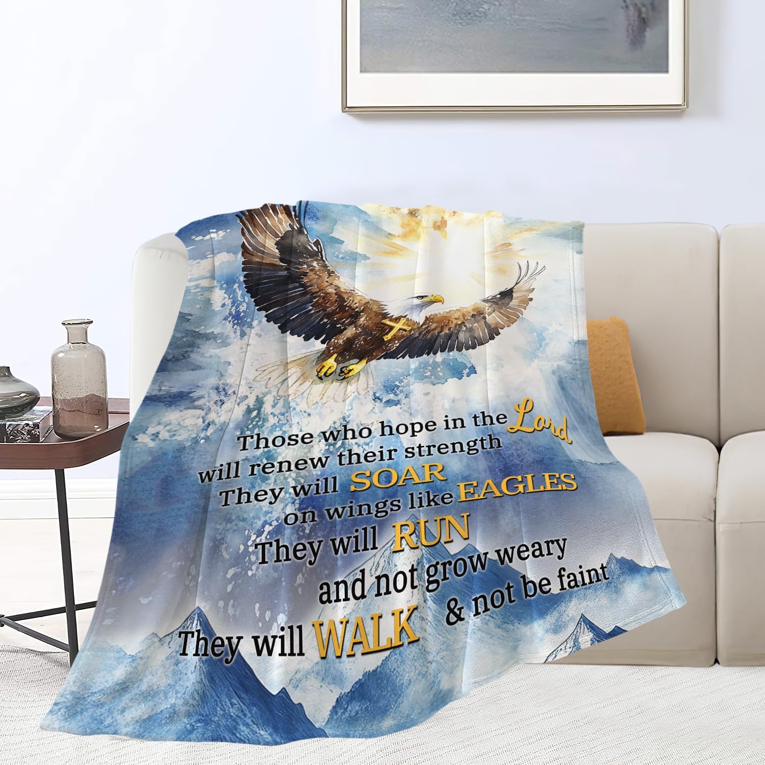 Bald Eagle Blanket Christian Faith Religious Bible Verse Inspirational Scripture Throw Catholic Spiritual Gifts for Adults Women Men Kids Girls Boys Plush Fuzzy Fleece Blanket Decor 50''X60''