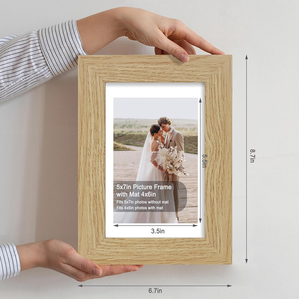 5x7 Picture Frame Set of 4, Made of Real Glass and Natural Oak Wooden Frame, 5 by 7 Photo for Wall or Tabletop - Display Picture 4x6 with Mat or 5x7 Without Mat