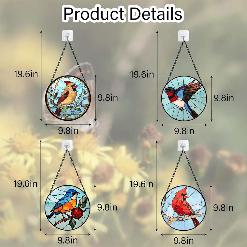 Stained Glass Window Hanging 4 Pcs Set Cardinal Blue Birds 9.8" - Suncatcher Door Garden Sun Catcher Decor Birthday Mother's Day for Bird Lovers Men Woman Nana Friend
