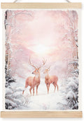 FDHSPAAM Pink Winter Deer Wall Art Decor, Vintage Christmas Decor, Rustic Holiday Pink Snowy Forest Sunset Winter Scene Wall Art Posters for Home Bedroom Living Room, 12x16 Inch