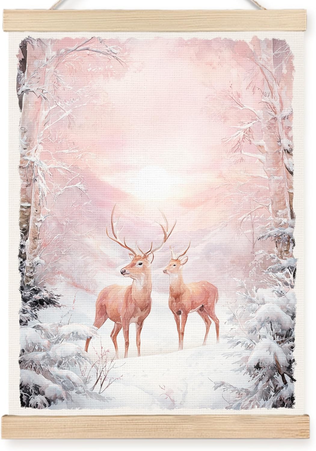 FDHSPAAM Pink Winter Deer Wall Art Decor, Vintage Christmas Decor, Rustic Holiday Pink Snowy Forest Sunset Winter Scene Wall Art Posters for Home Bedroom Living Room, 12x16 Inch