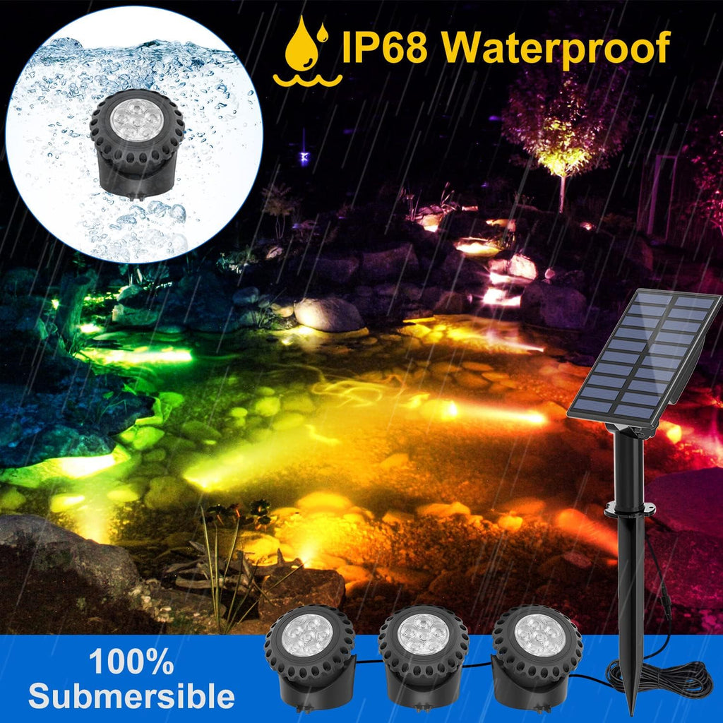T-SUN Solar Fountain Lights Submersible Solar LED Underwater Pond Lights Color Changing Landscape Spotlights IP68 Waterproof for Garden Fish Trank Aquarium Pool Waterproof (3 Lights in 1)