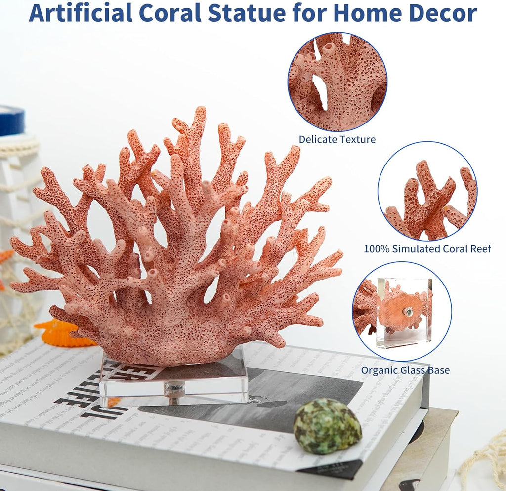 Coral Coastal Decor, Artificial Resin Coral Reef Statue, Coastal Room Decor Beach Decorations for Home Bathroom Bedroom,Ocean Themed Decor for Office,Aquarium,7.5''Lx6.3''H, RB1001P, Pink