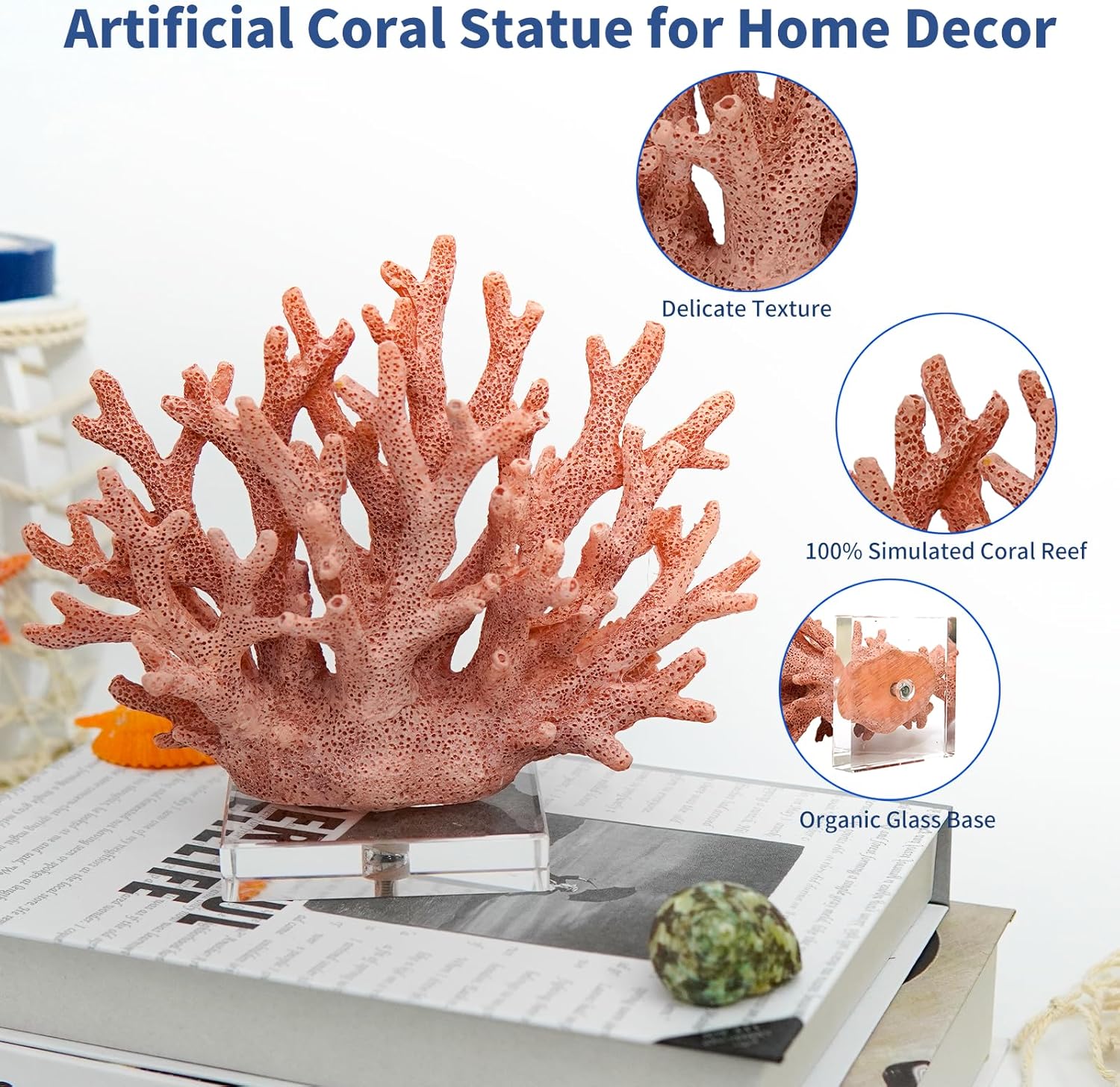 Coral Coastal Decor, Artificial Resin Coral Reef Statue, Coastal Room Decor Beach Decorations for Home Bathroom Bedroom,Ocean Themed Decor for Office,Aquarium,7.5''Lx6.3''H, RB1001P, Pink