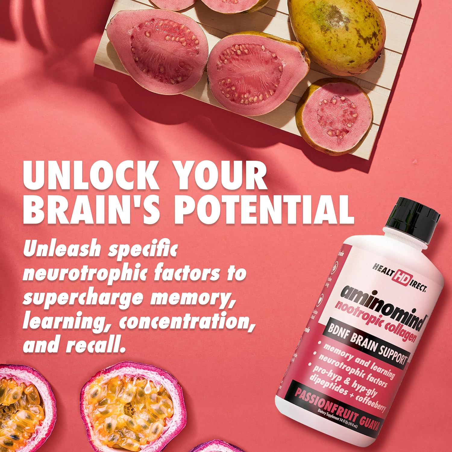 HEALTH DIRECT - AminoMind - Nootropic Collagen Supplement for Brain Health and BDNF - Pro-Hyp & Hyp-Gly Dipeptides, Coffeeberry Antioxidants - Passionfruit Guava - 14 Fl Oz (28 Servings)