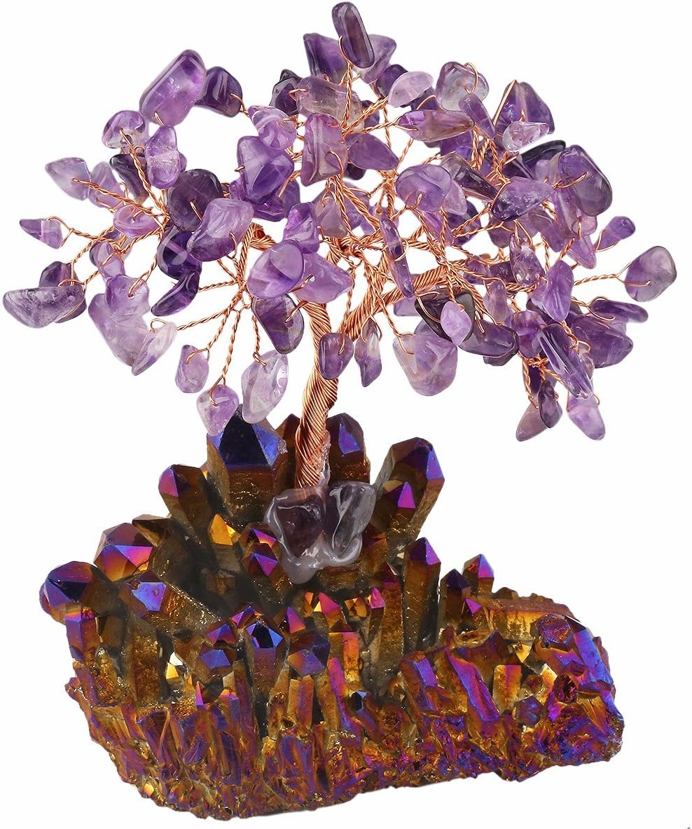 mookaitedecor Amethyst Crystal Tree, Quartz Cluster Purple Titanium Crystals Base Bonsai Money Tree for Wealth and Luck