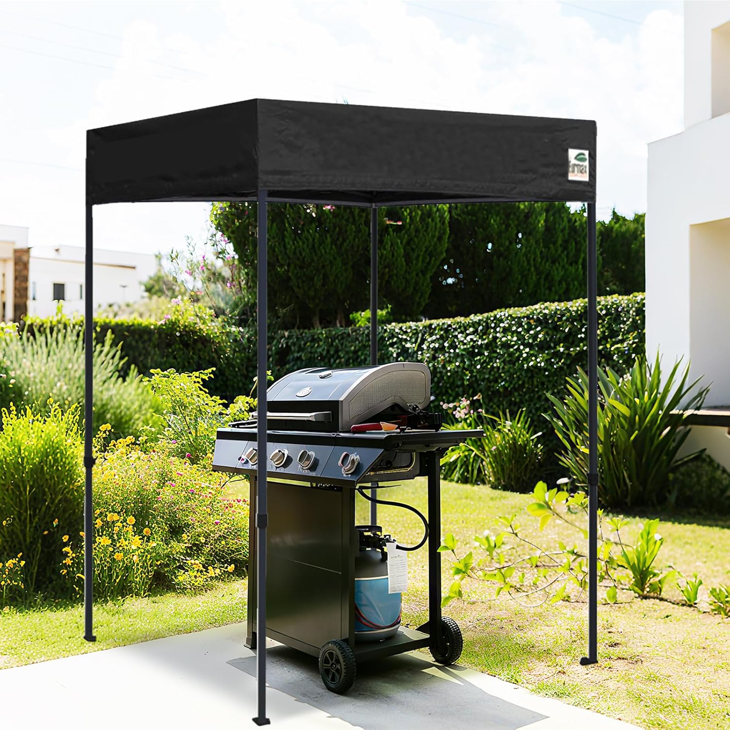 Eurmax USA Printed 5x5 Flat Top Pop Up Canopy Tent Commercial Instant Canopies with Heavy Duty Roller Bag,Bonus 4 Sand Weights Bags (Black with Screen Window)