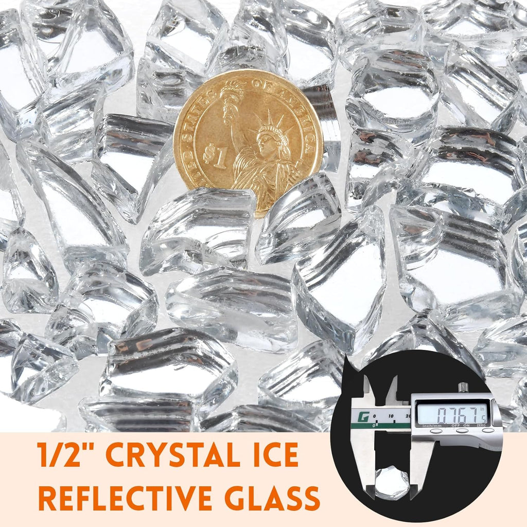 GasSaf 1/2 Inch Fire Glass Reflective Tempered Fireglass Cut Crushed FireGlass for Fire Pit, Fireplace, Replaces Existing Gas Logs & Lava Rocks (20 Pound)(Crystal Ice Reflective)
