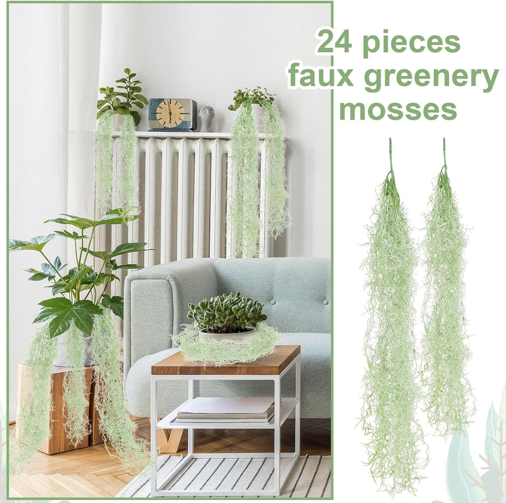 Cindeer 24 Pack Fake Spanish Moss Artificial Hanging Decoration Bulk Faux Greenery Moss Garland for Potted Wall Living Room Indoor Outdoor Decor(43 Inch, 33 Inch,Light Gray)