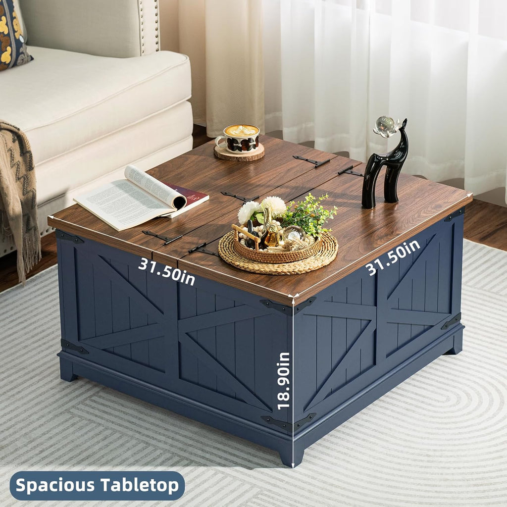 Farmhouse Coffee Table with Hidden Storage Organizer, Modern Square Large Center Table, Wood Farm House Low Navy Blue Living Room Tables with Hinged Lift Top for Home, Office