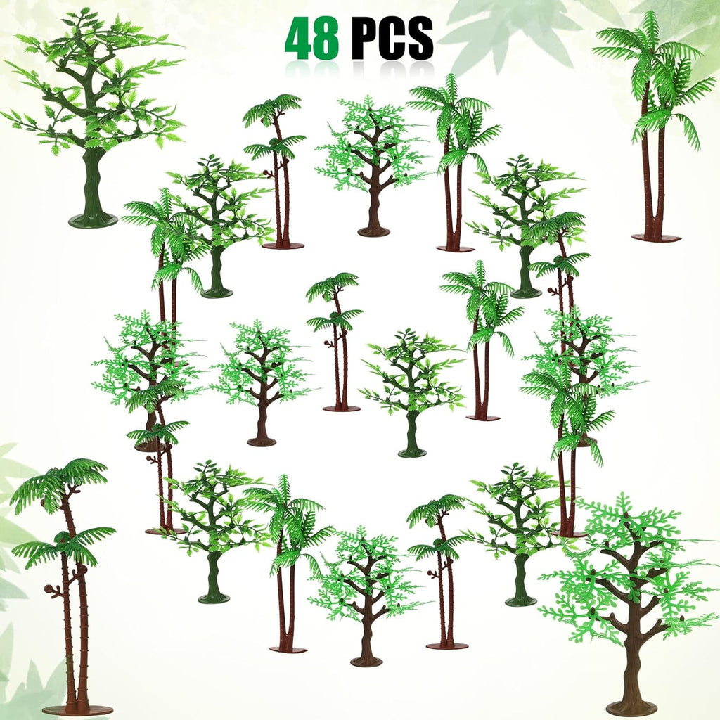 Janinka 24 Pcs Mini Toy Jungle Trees Plastic Model Coconut Trees Figurines with Base Cake Decoration Rainforest Diorama Supplies Scenery Architecture for Craft, Building, Scenery Landscape, 4 Styles
