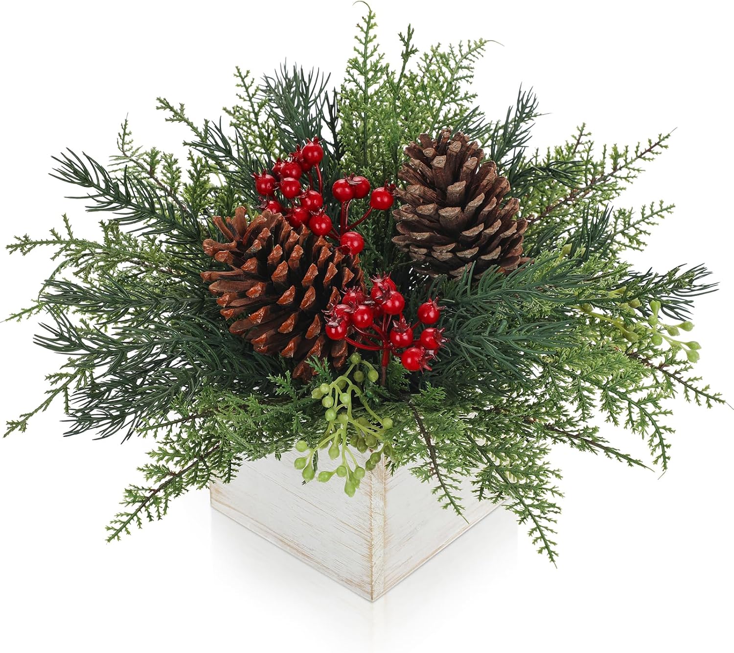 Christmas Centerpieces Table Decorations 10" Small Artificial Potted Christmas Tree Tabletop Pine Plants with Red Berry Pine Cones in Wooden Pot for Home Winter Xmas Mantel Farmhouse Indoor Decor