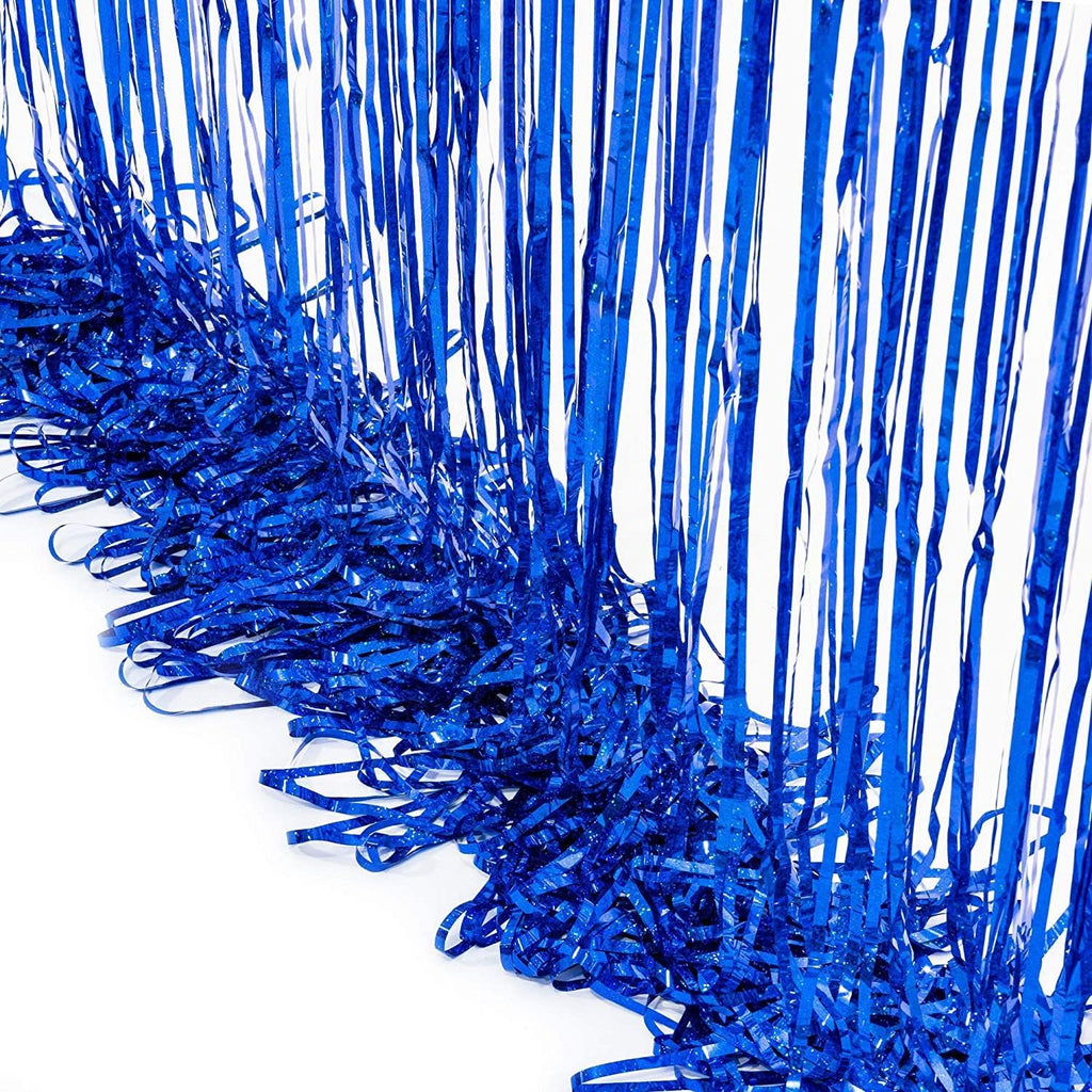 BRAVESHINE Blue Tinsel Foil Fringe Curtains - 2Pcs 3.2x8.2 ft Metallic Holidays Photo Backdrop for Boys Men Birthdays Homecoming Bachelor Bachelorette Engagement Sea Theme Ramadan Party Decorations