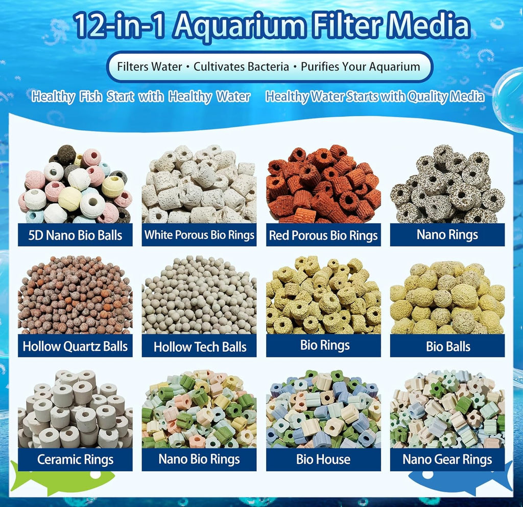 12-in-1 Biological Aquarium Filter Media Kit for Crystal Clear Water - Supports Nitrogen Cycle with Bio Balls, Ceramic Rings for Freshwater Saltwater Aquarium, Pond, Sump, Canister Filter (1.1lb)