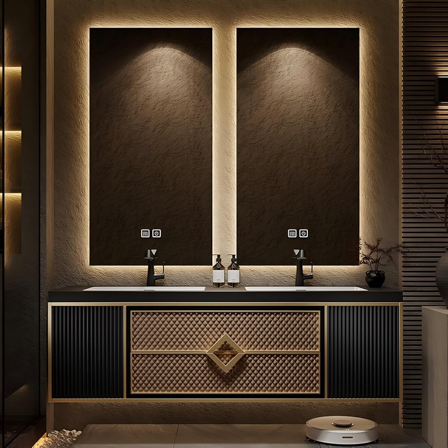 Floating Bathroom Vanity, Double Sink Bathroom Vanity Set Includes Smart Defogging Mirror, Slate Countertop and Ceramic Sink, Modern Bath Cabinet with Soft-Close Drawers and Cabinet Door - 60IN