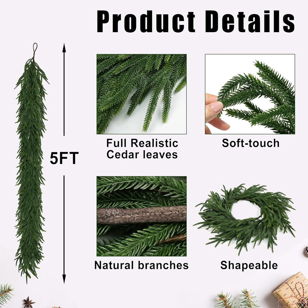 Realistic Christmas Garland Pine Garland Real Touch Green Artificial Greenery Garland Artificial Pine Garlands,for Table, Mantle, Wall, Indoor, Outdoor Christmas Decorations-5FT