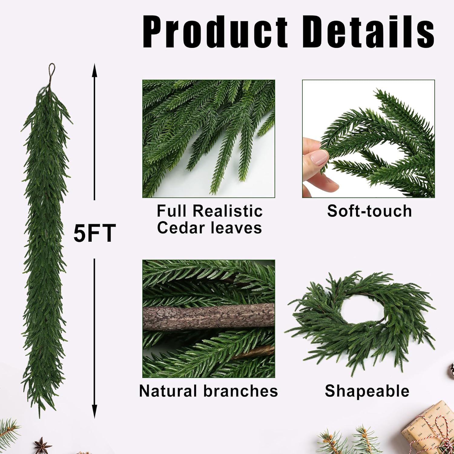 Realistic Christmas Garland Pine Garland Real Touch Green Artificial Greenery Garland Artificial Pine Garlands,for Table, Mantle, Wall, Indoor, Outdoor Christmas Decorations-5FT