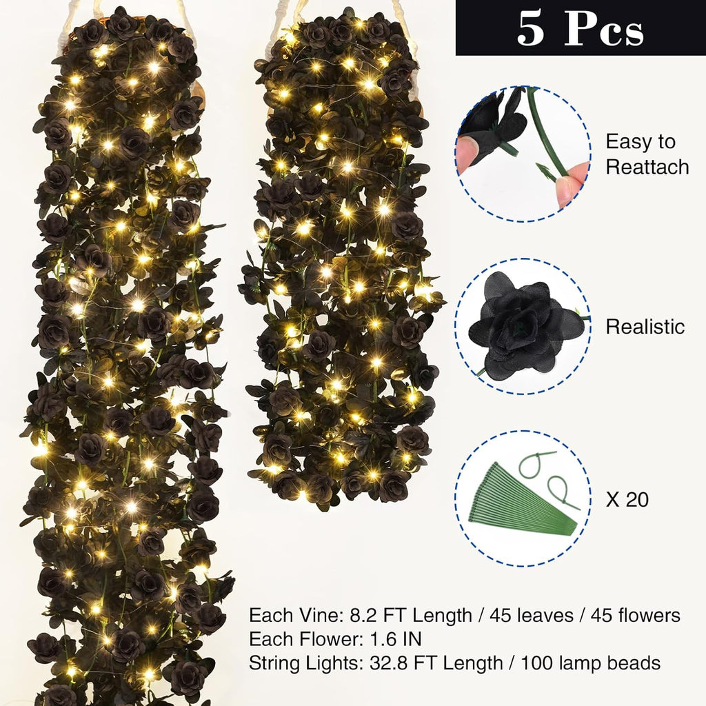 BLEUM CADE 5Pcs 41Ft Flower Garland Artificial Rose Vines with 32.8Ft String Lights, Cute Fake Hanging Flower Vines Floral Garland Decorations for Halloween Wedding Party Room Decor Aesthetic