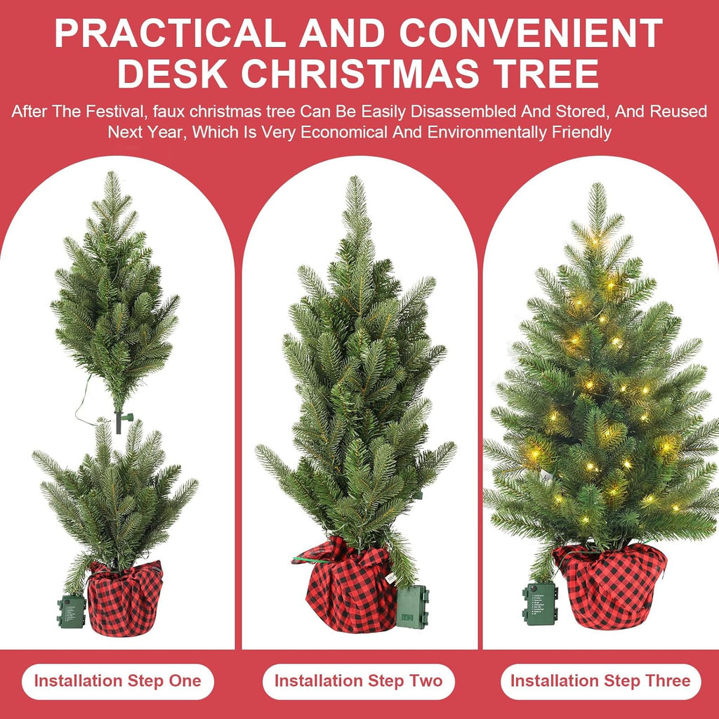 Artificial Christmas Tree 3FT Tabletop Mini Pine Tree with Red Plaid Base Small Xmas Tree for Holiday Decoration Indoor Home Office Desk Bookshelf Fireplace Front Porch Christmas Décor