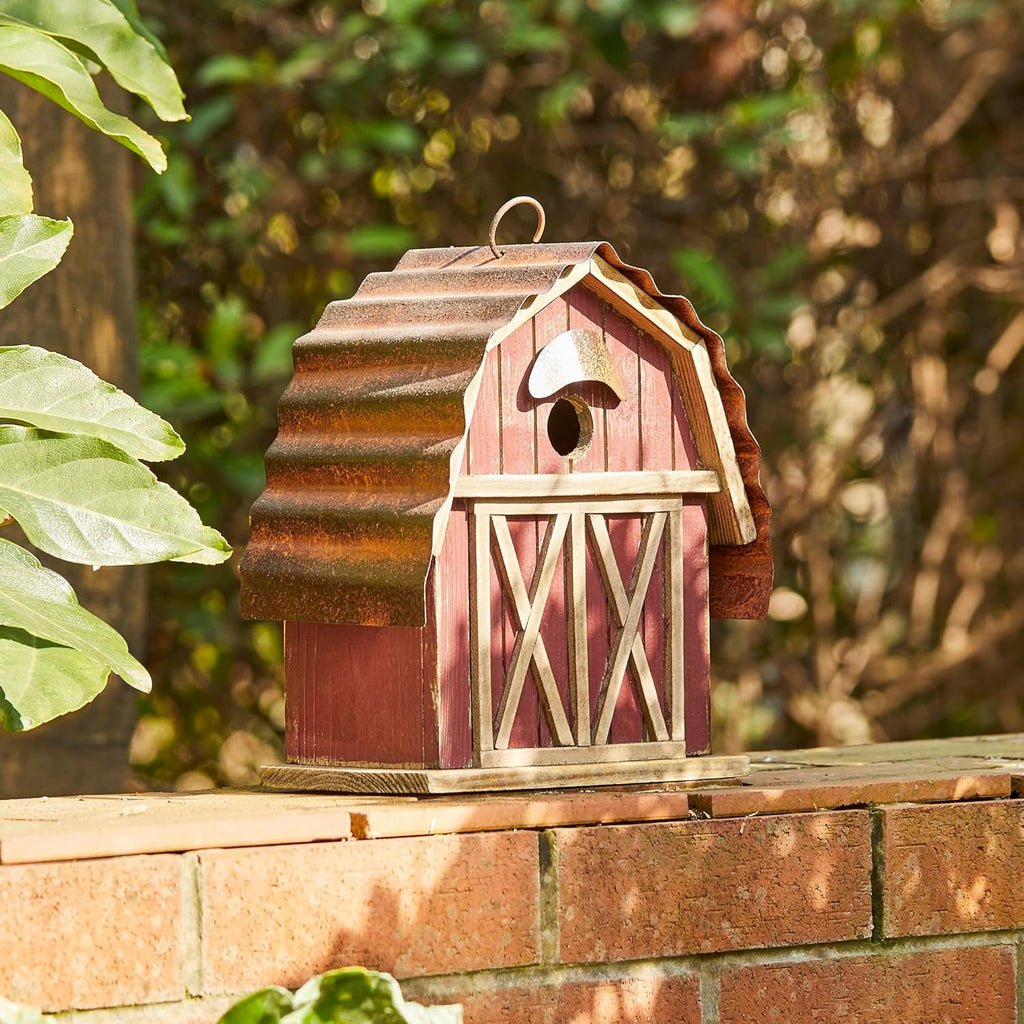 Glitzhome 10.25" H Hanging Birdhouse Washed Red Distressed Solid Wood Barn Decorative Outdoor Garden Bird House