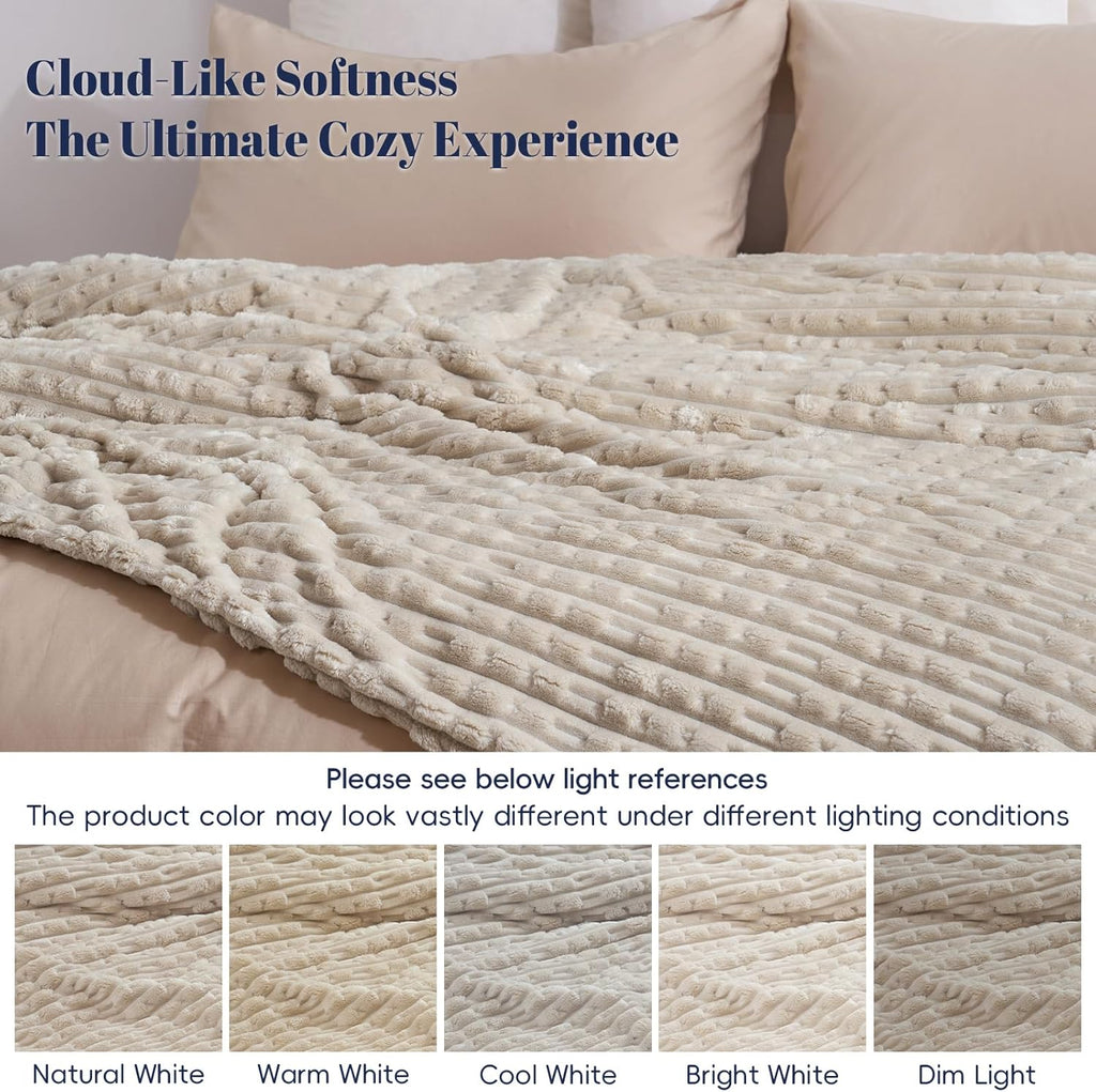 PHF Ultra Soft Flannel Fleece Blanket King Size, Lightweight 3D Jacquard Fleece Blanket, No Shedding, No Pilling, Luxury 340GSM Aesthetic Fluffy Cozy for Bed Room Decor, 108"x90", French Oak