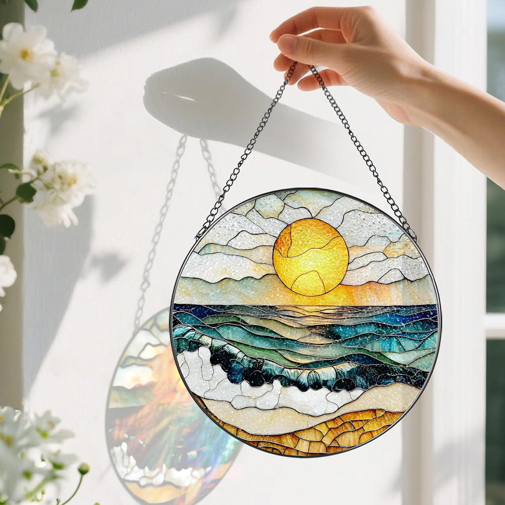 8-Inch Stained Glass Ornament, Stained Glass Window Hanging, Window Hanging Decor Suncatcher, Beach Sunset Ornament | Summer Vibes Gift | Gifts for Beach Lovers, Friend & Family